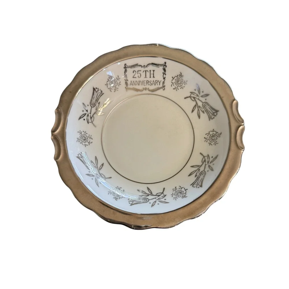 Vintage Sterling China‎ Japan 25th Anniversary Silver Rim Scalloped Plate Bowl